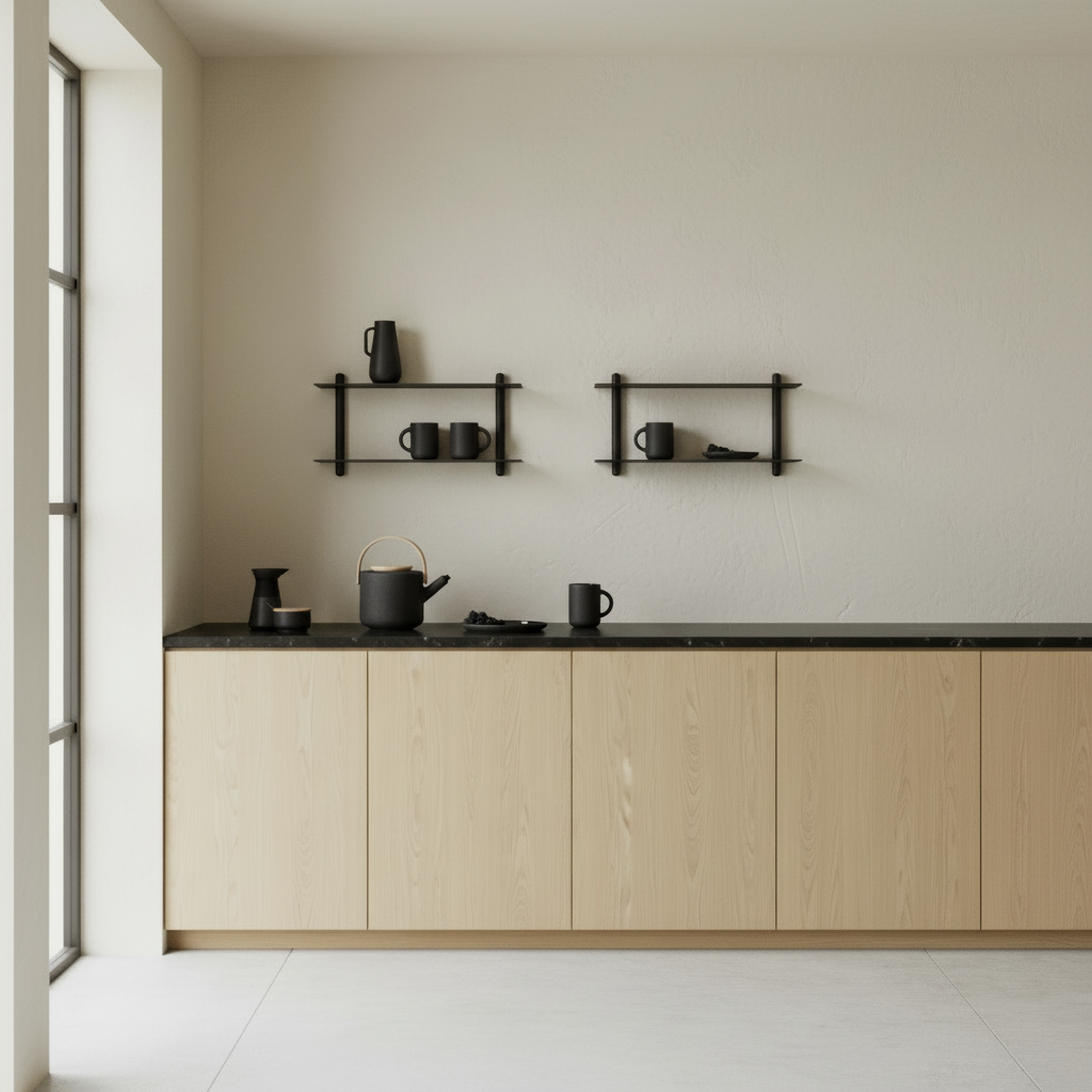 Minimalist kitchen with Nivo shelves and Theo Matte Black collection