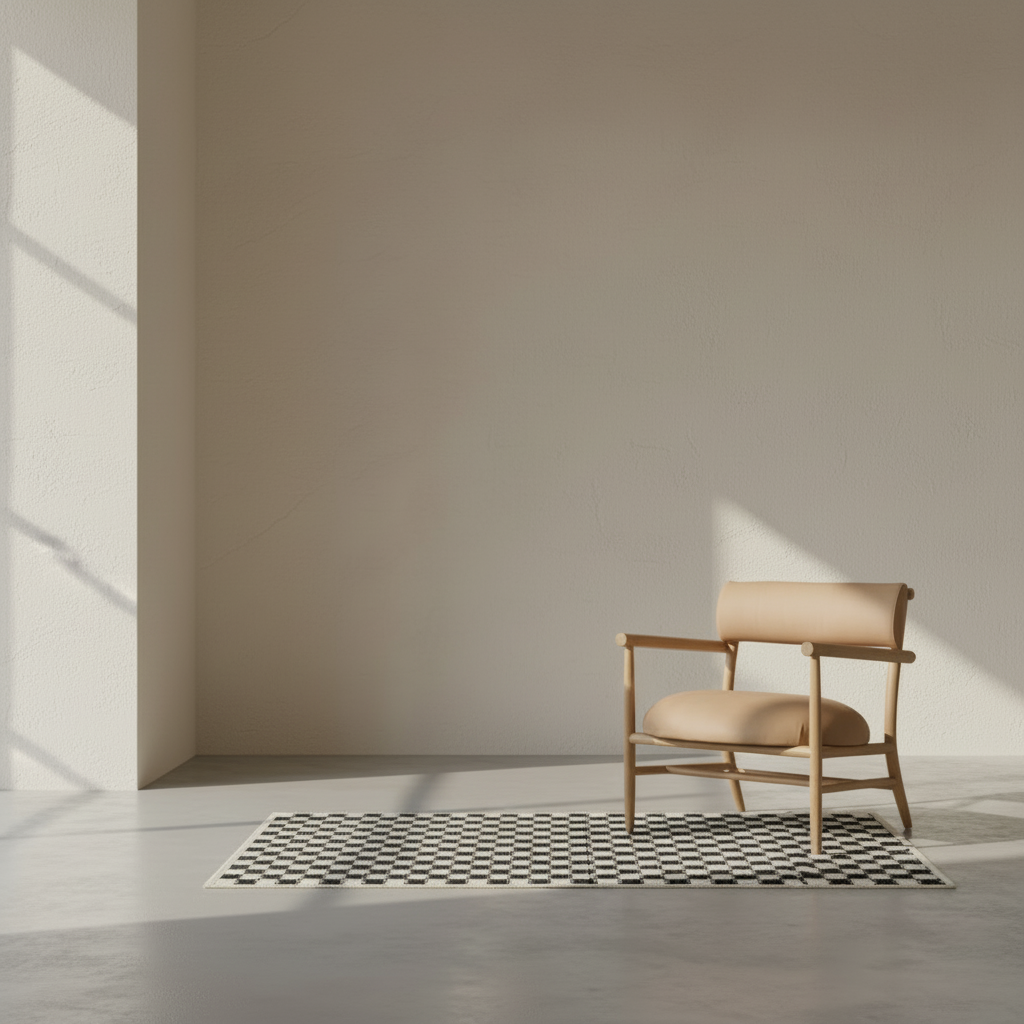 Minimalist Nordic room with VK-5 Checkerboard rug and Nama Lounge Chair