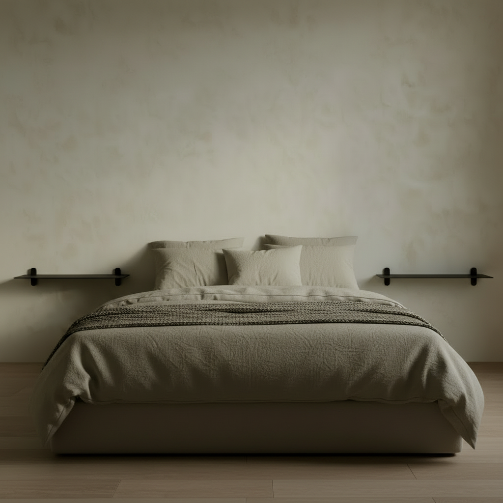 Moody limewashed bedroom front view with Nivo Shelf Small G Black