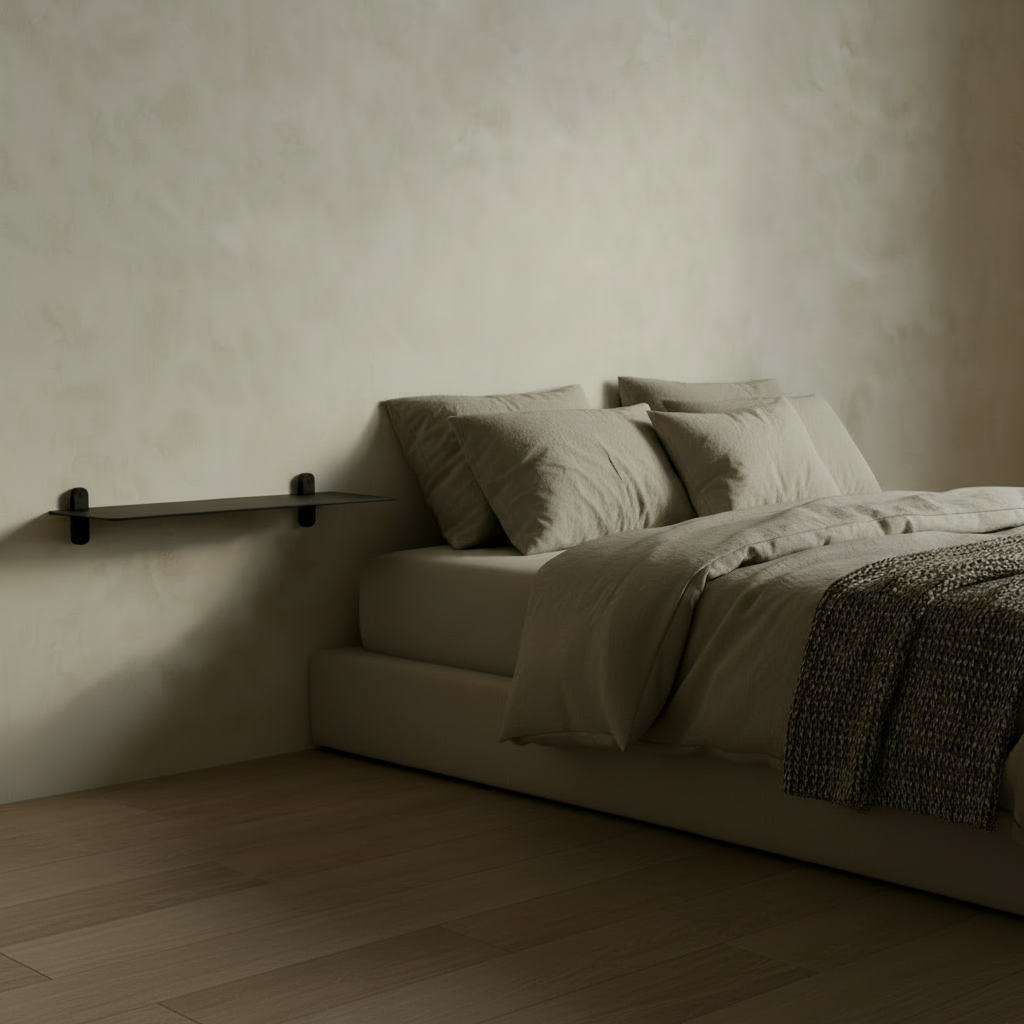 Moody limewashed bedroom with bare Nivo Shelf Small G Black - Square