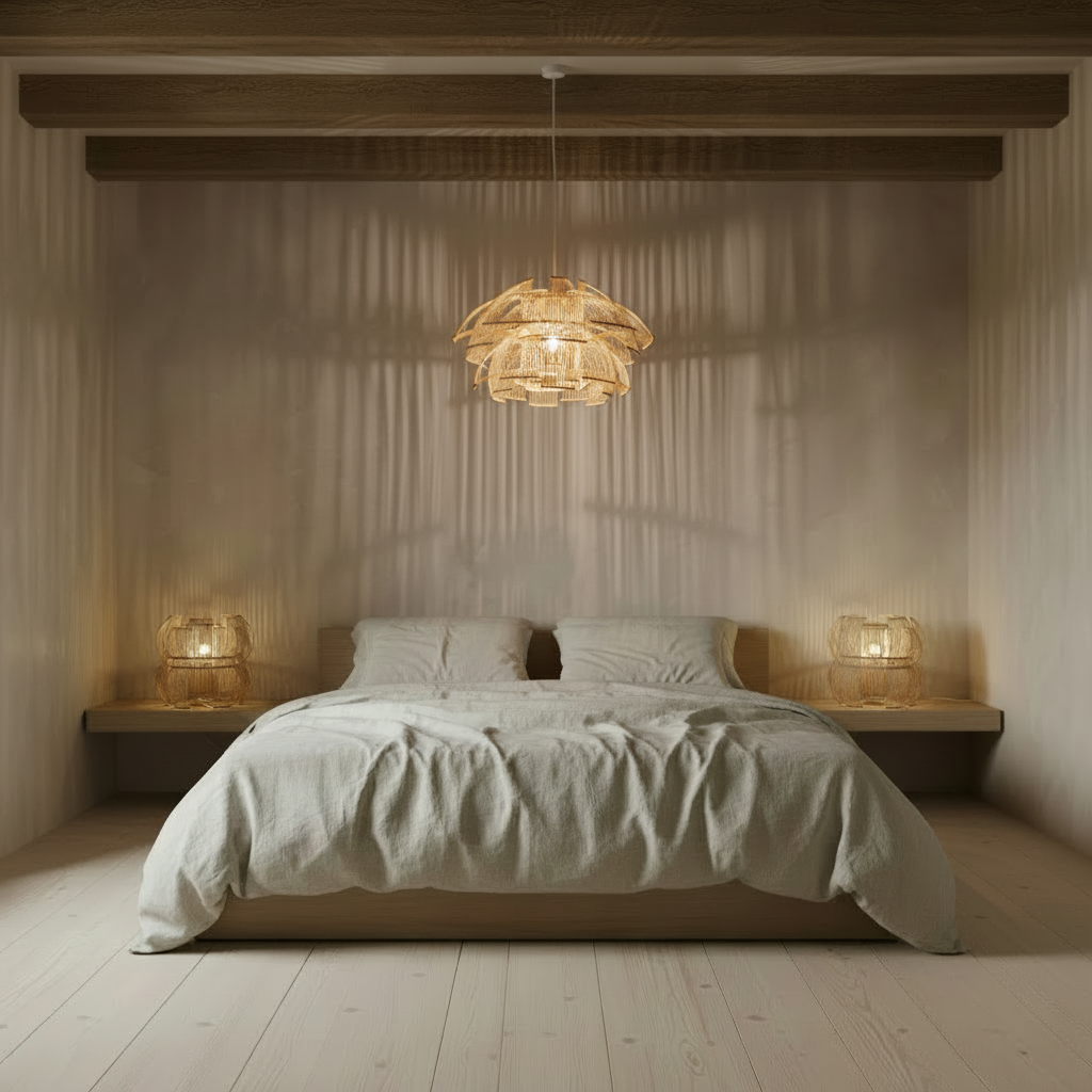 Moody modern rustic bedroom with Hokore pendant and SEN table lights