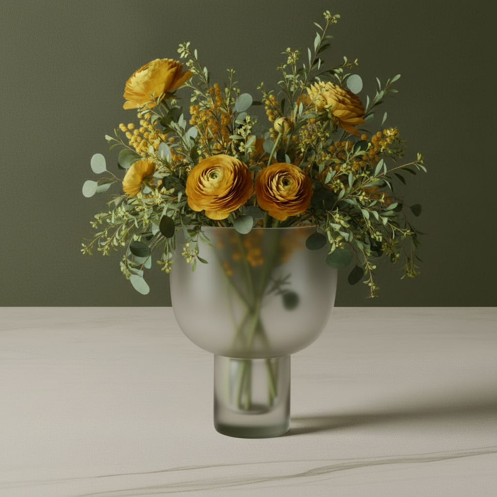 Nebl Vase Small Frosted with Golden Flowers and Lush Greenery - Retry