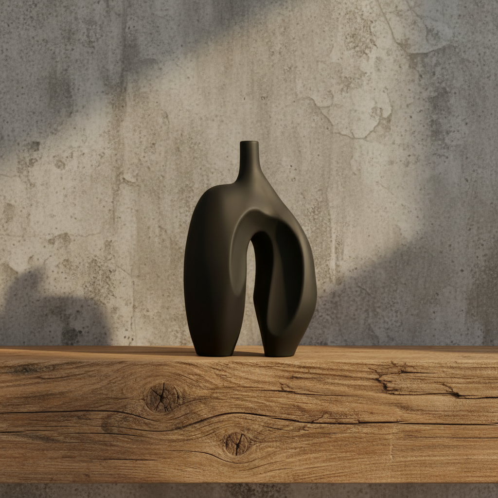 Ni Vase Medio Coffee on mantel with concrete backdrop