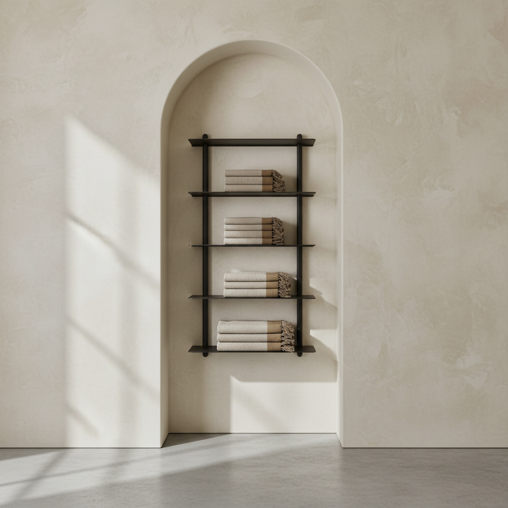 Nivo shelf in arched niche with limewash and concrete floor