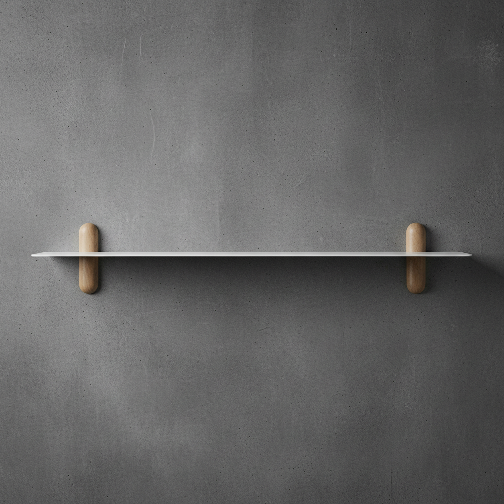 NIVO shelf large G with white metal shelf and oak brackets on dark grey concrete wall