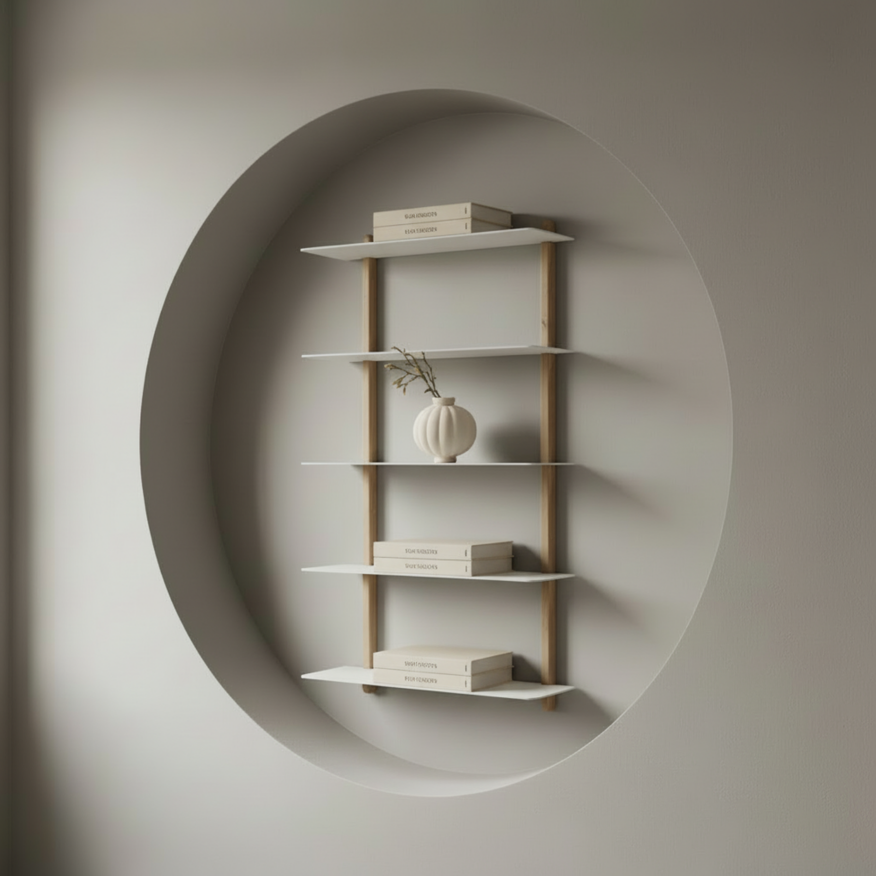 NIVO shelf with Balloon Vase and books in arched niche
