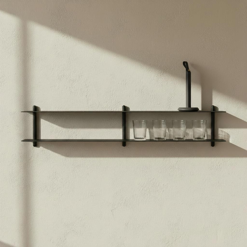 Nivo Shelf with Grab paper towel holder and Pilastro tumblers on beige limewash wall