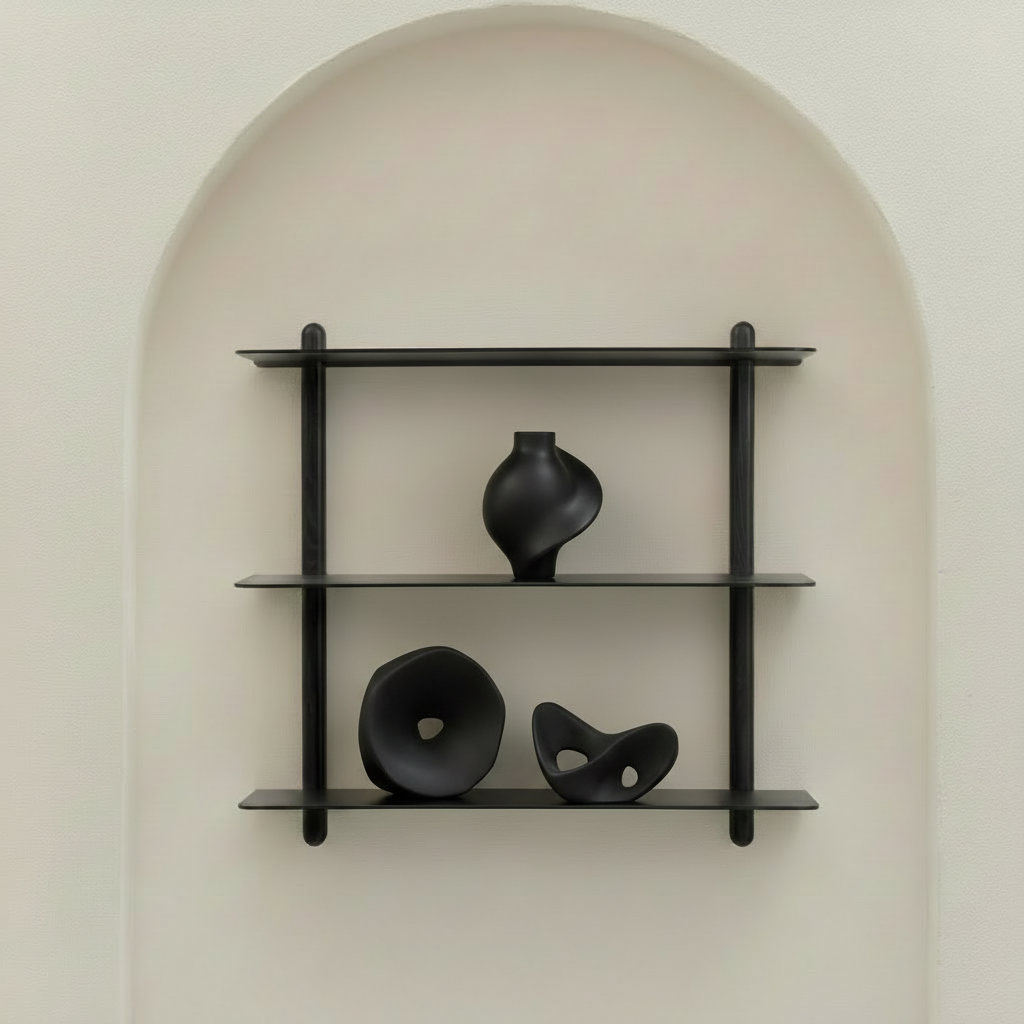 Nivo Shelf with Pirout Vase and ORI Sculptures
