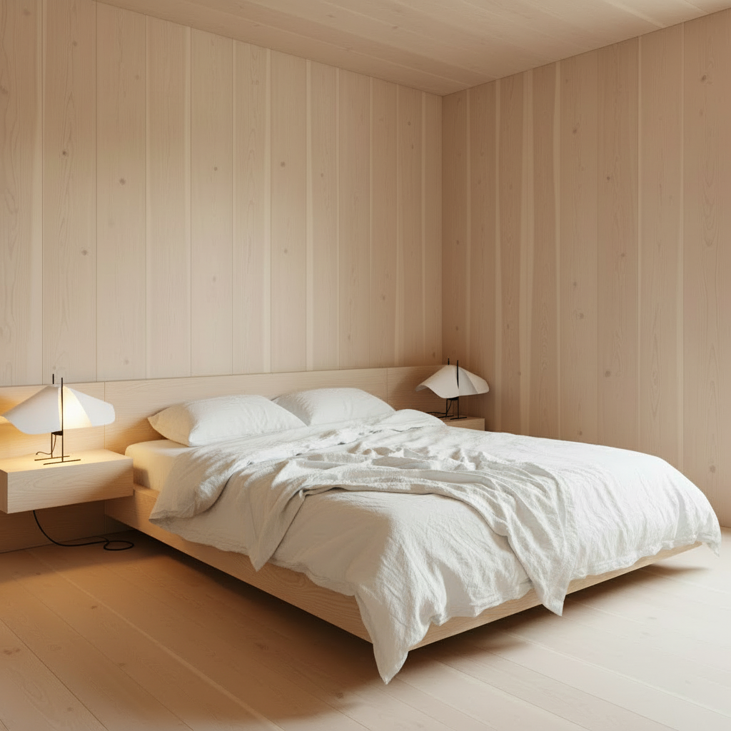 Nordic bedroom with illuminated Cho Table lamp