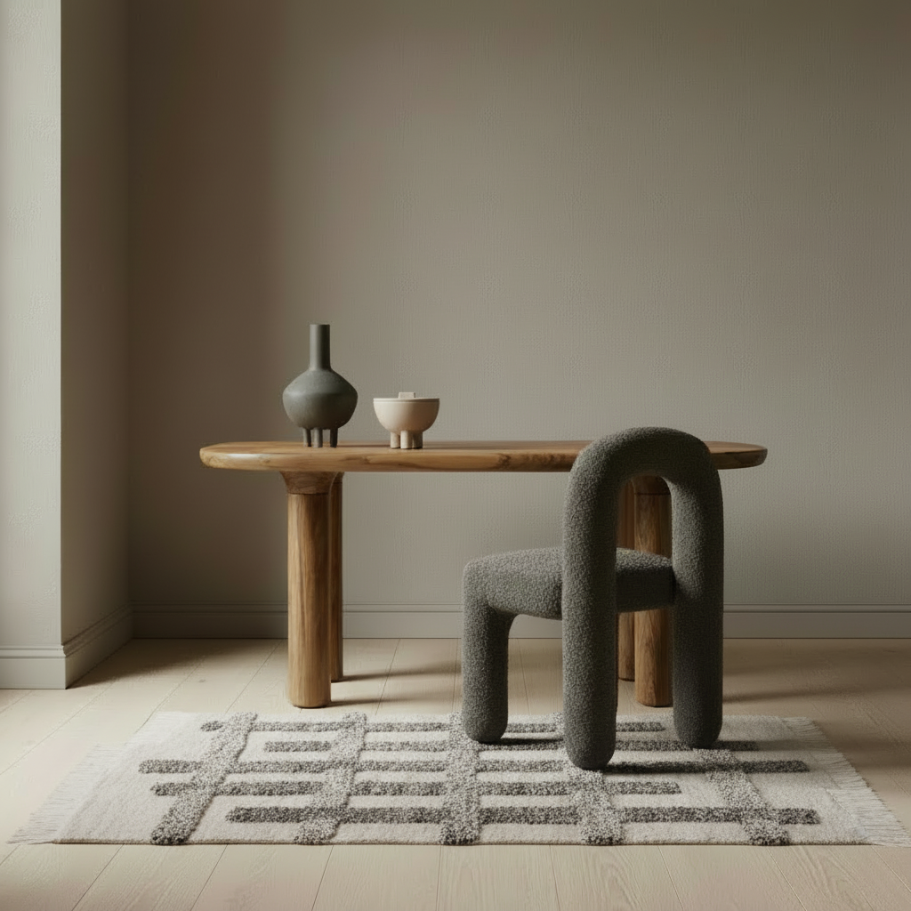 Nordic desk scene with Valli rug, Duck accessories, and Daiku chair