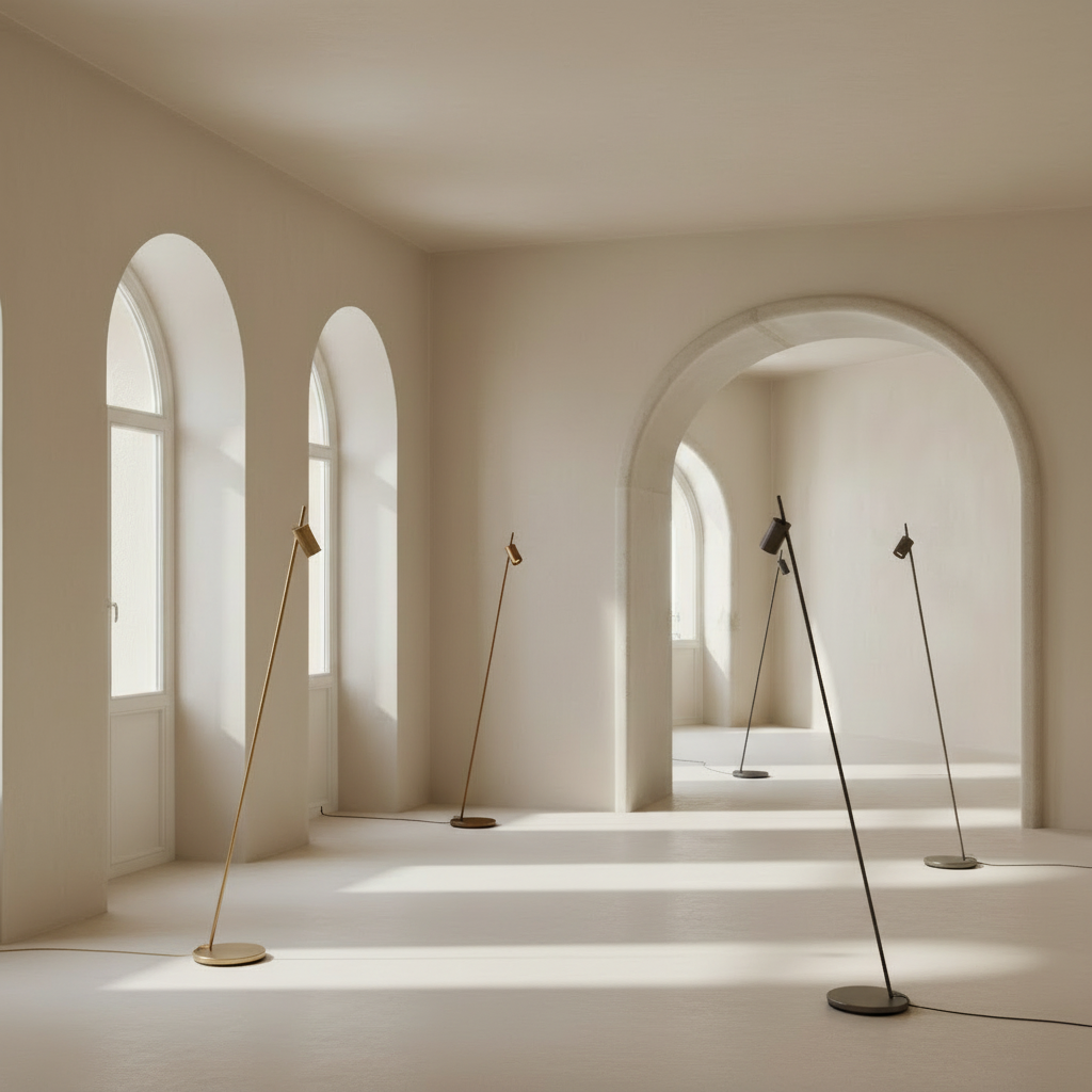 Nordic interior with four Trizo21 Aude floor lamps in different finishes