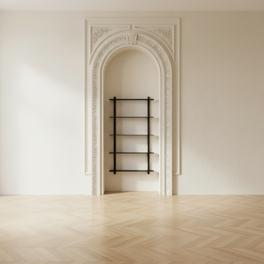 Nordic living space with ornate arched niche and NIVO shelf