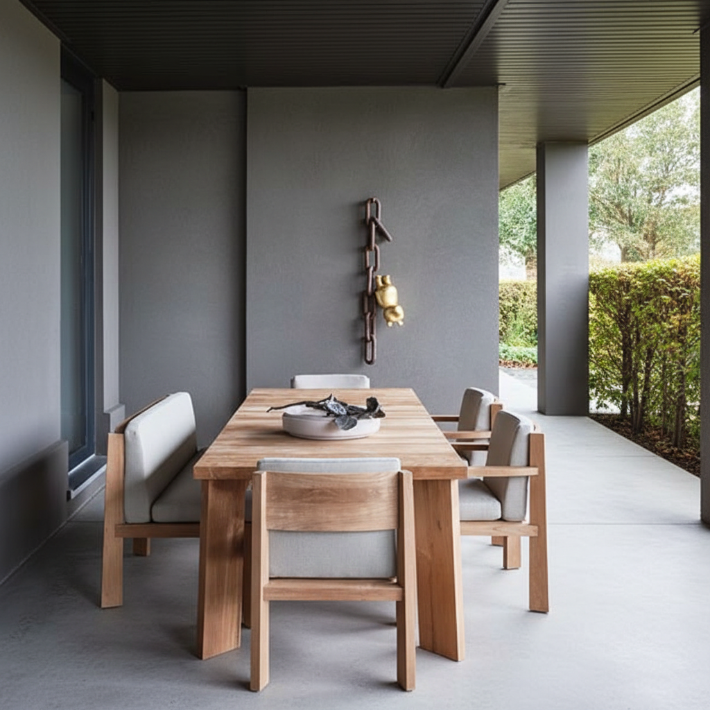 Nordic outdoor dining setting with concrete and limewash