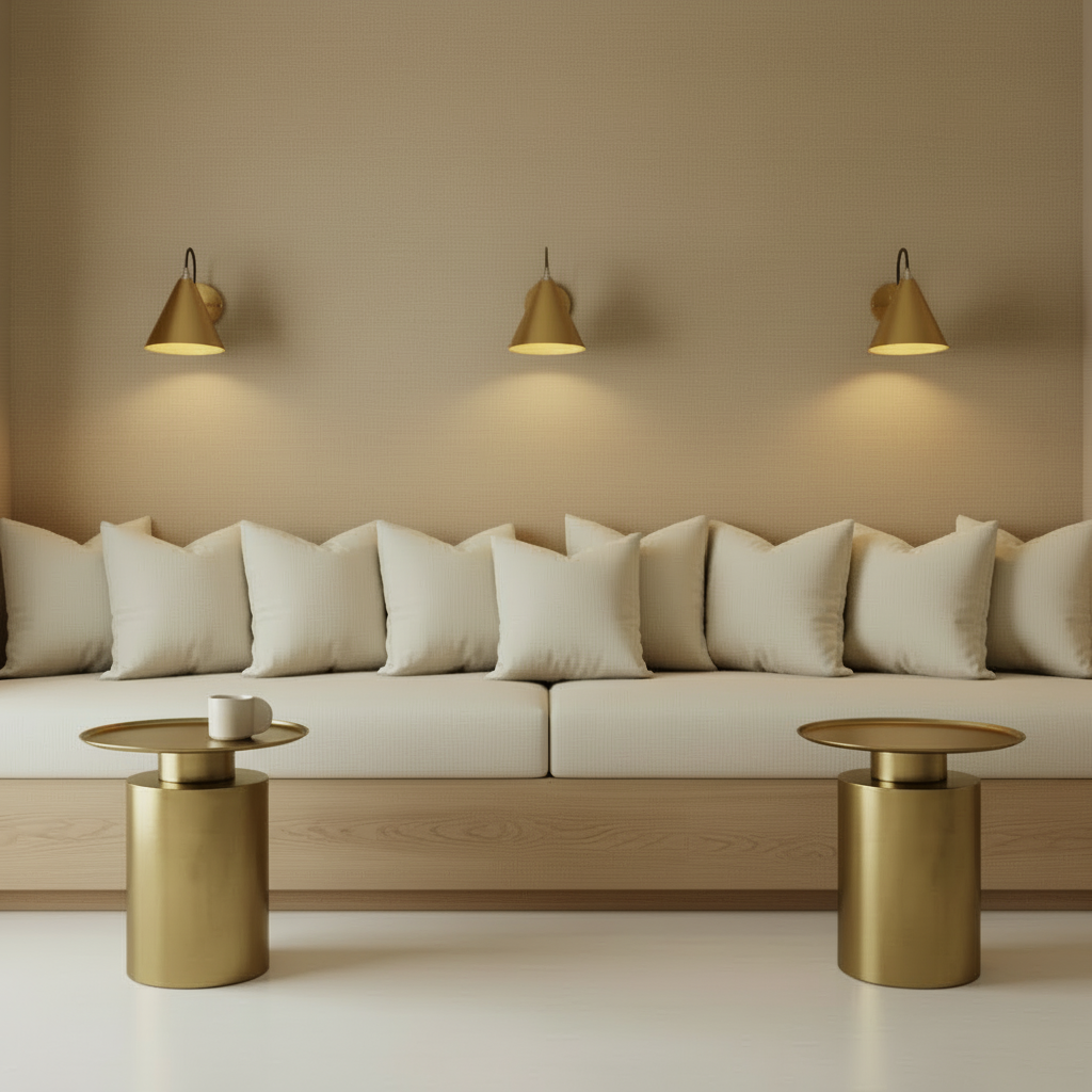 Nordic seating with Native coffee cup on brass Pillar Table