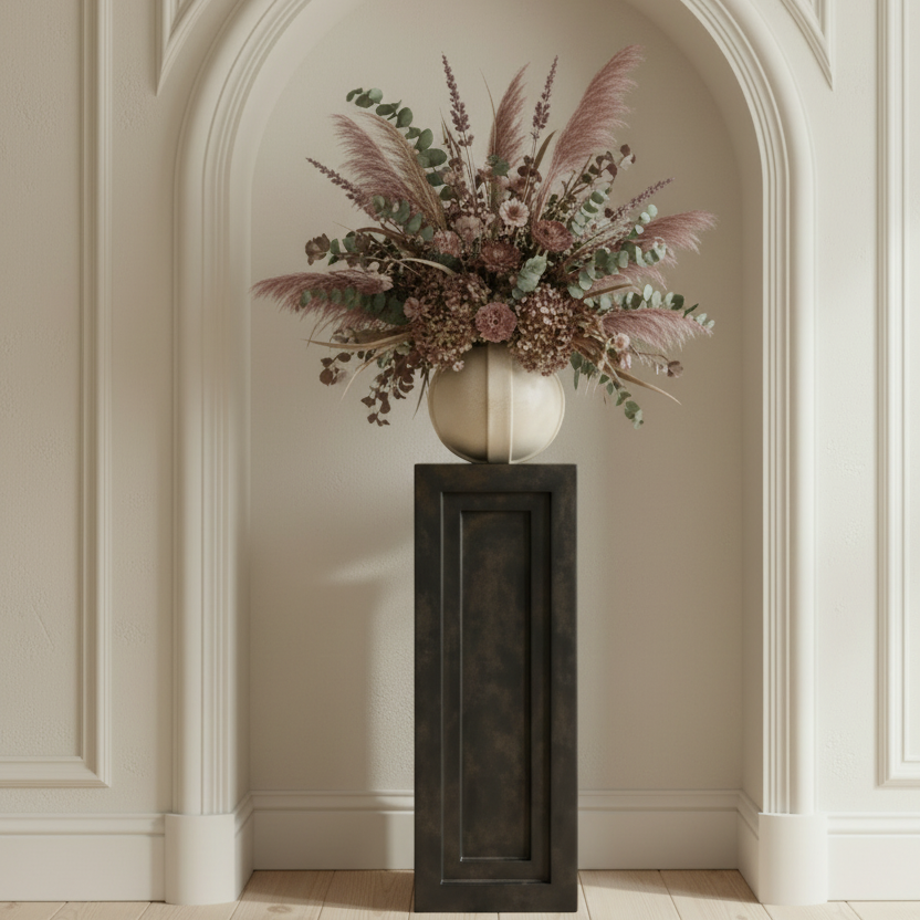 Nordic vase arrangement in arched niche