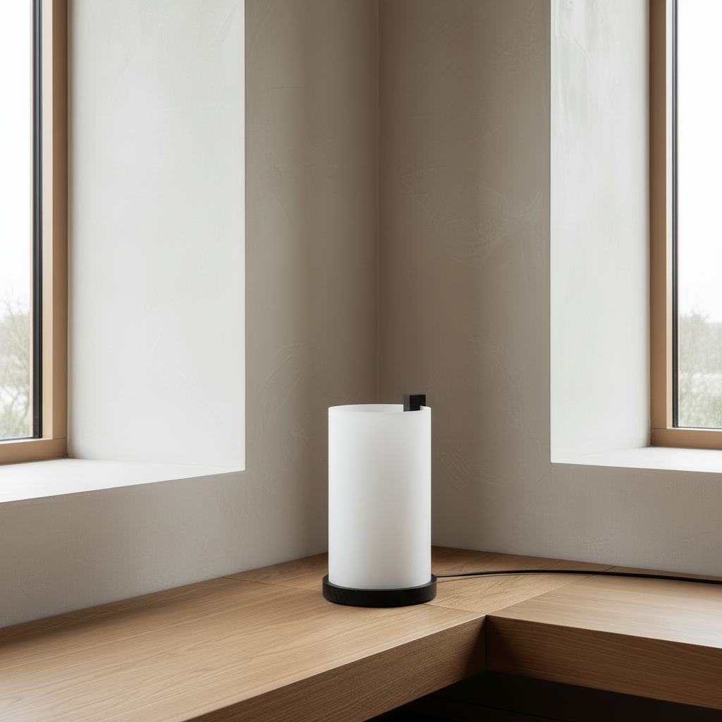 Nordic window scene with ENSO table light on platform