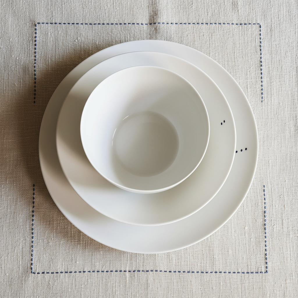 Off-white linen tablecloth with dotted indigo embroidered pattern