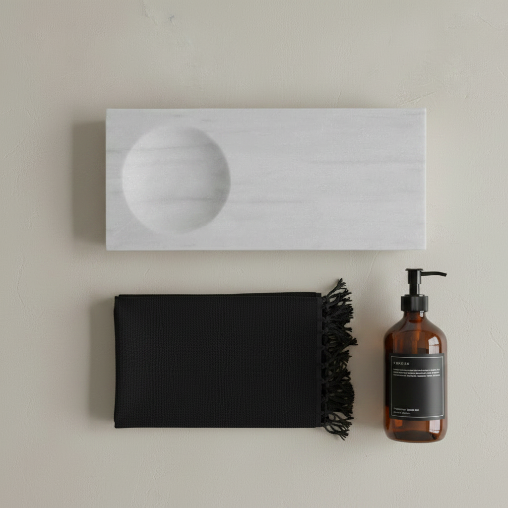 Oka White Marble Tray + Musta Towel + Amber Soap Dispenser Flatlay