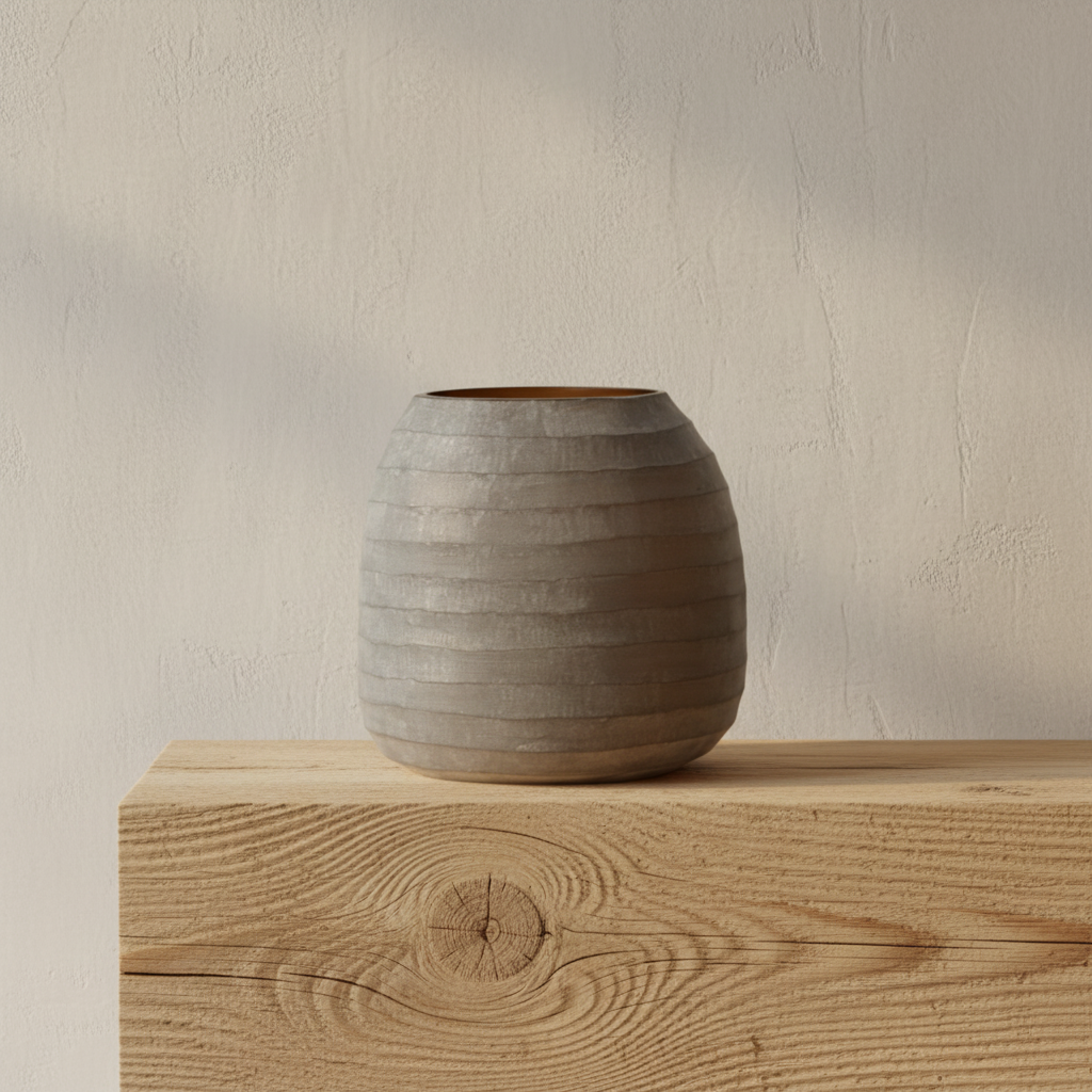 Organic vase 02 on rustic barn beam podium with limewash wall