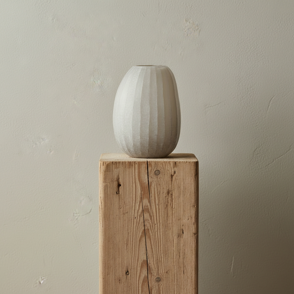 Organic Vase 04 on rustic barn beam podium