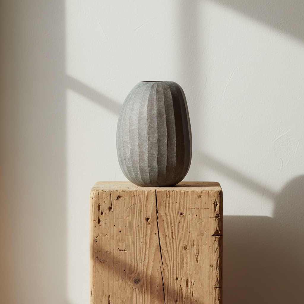 Organic Vase 04 - Smoke on rustic blonde barn beam podium