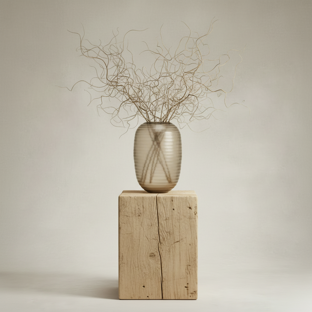 Organic Vase 07 Sand on rustic blonde barn beam podium