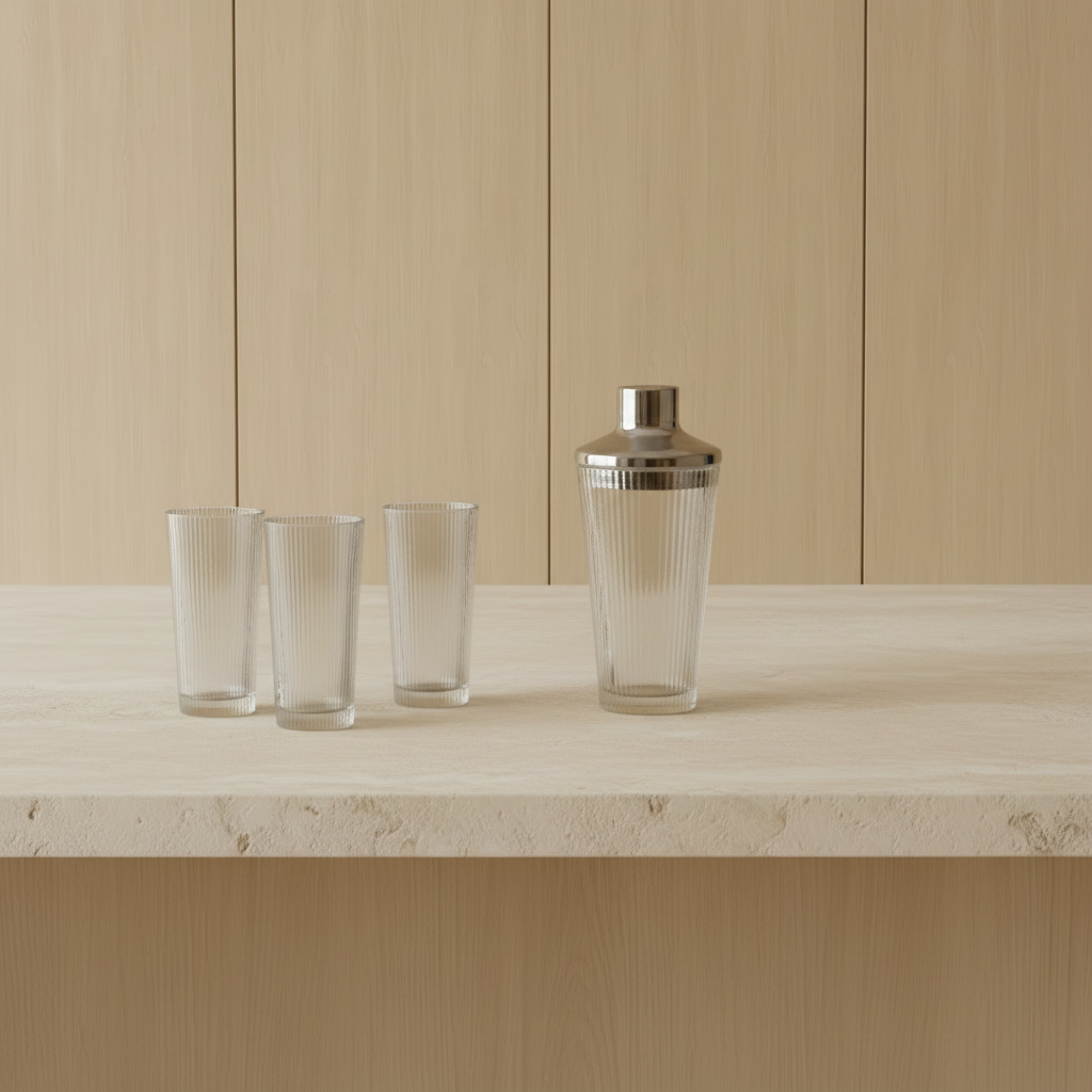 Pilastro Long Drink Glasses + Cocktail Shaker — Kitchen Counter Lifestyle