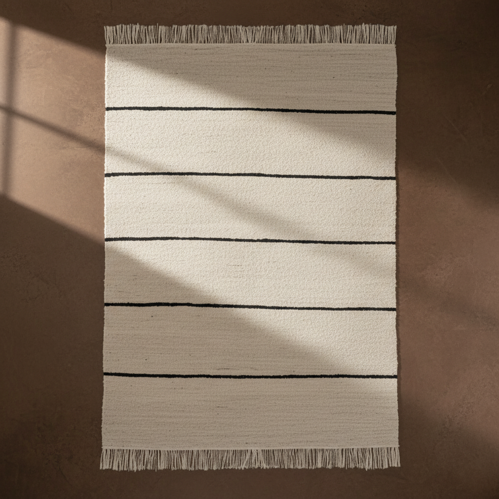 Polku woven rug overhead view on brown limewash floor