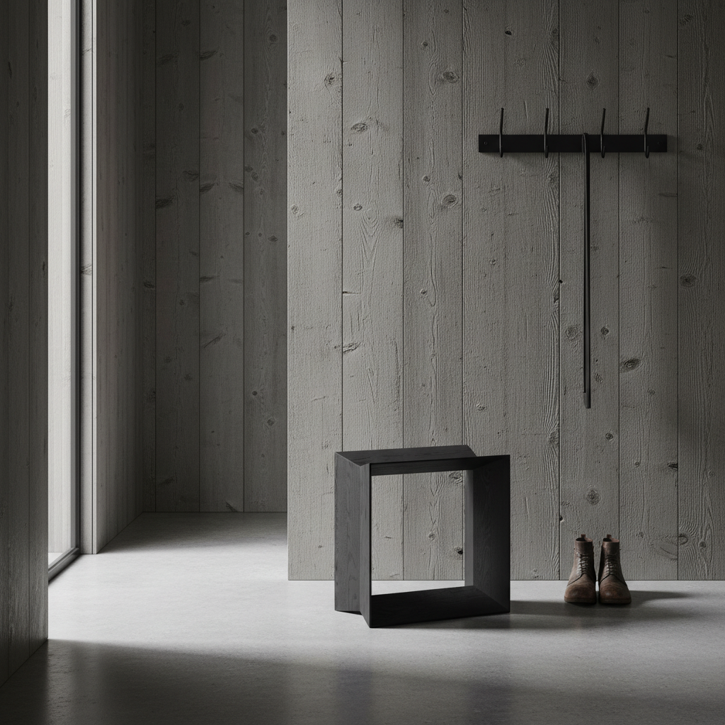 Reflex Stool Black in rustic barnboard entryway