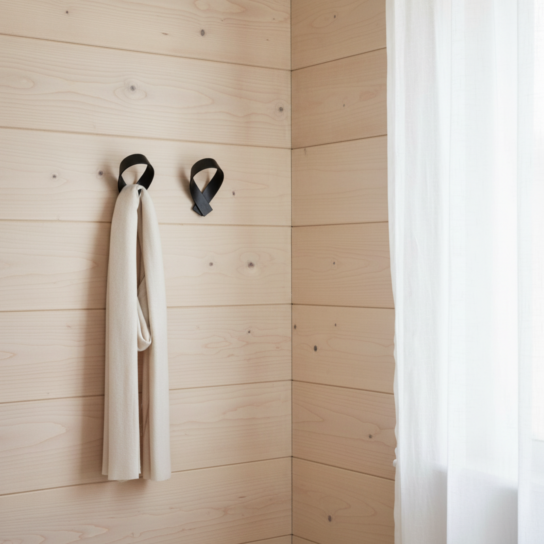 RIBBON hooks with scarf on Douglas Fir walls