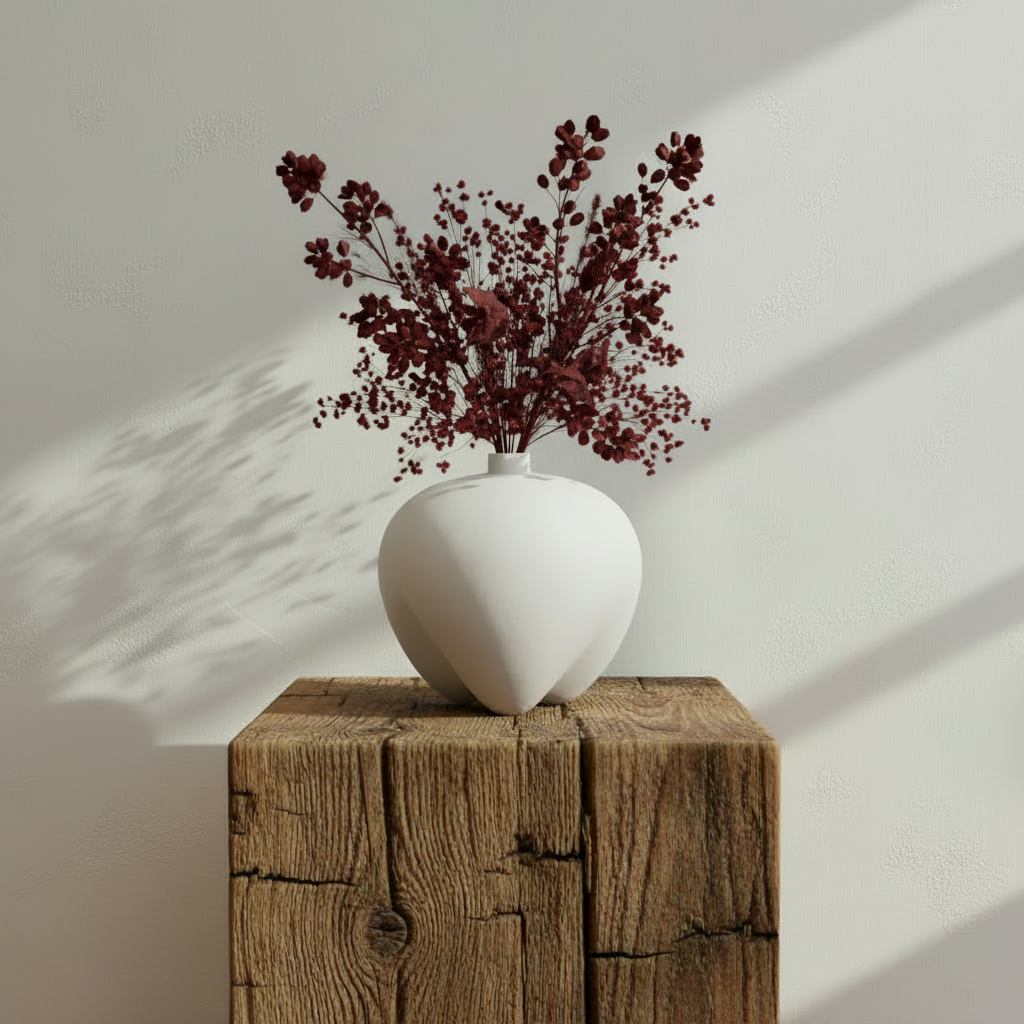 Rustic barn beam podium with vase and burgundy branches