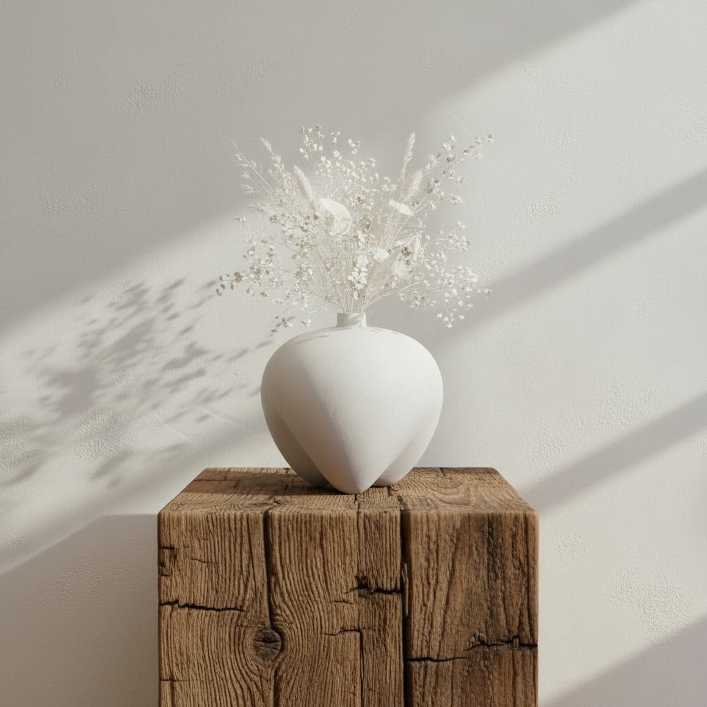 Rustic barn beam podium with vase and dried flowers