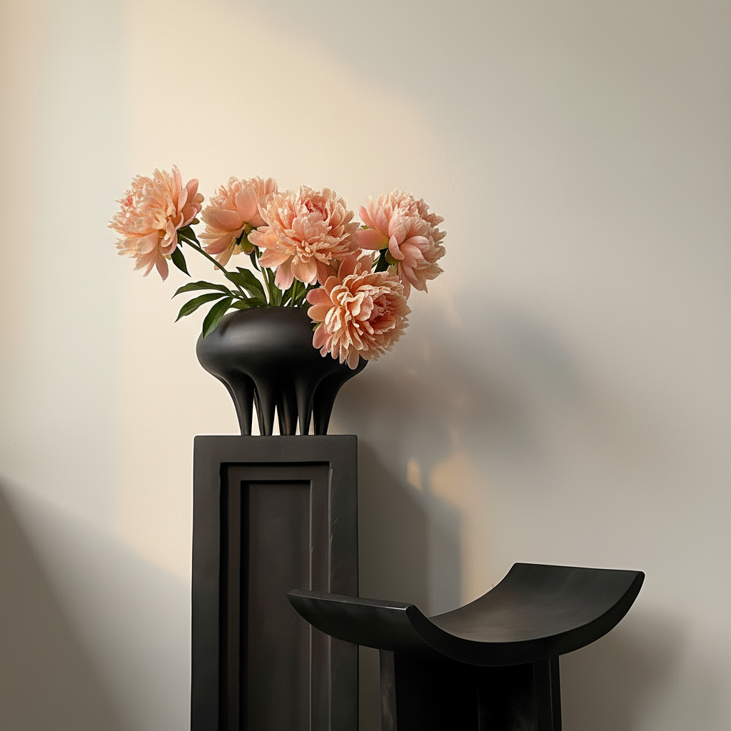 Sculptural black vase with peach peonies on velvety cream wall