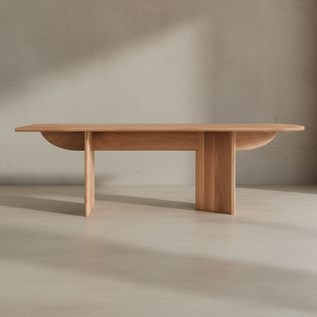 Sculptural oak desk with neutral beige-grey background