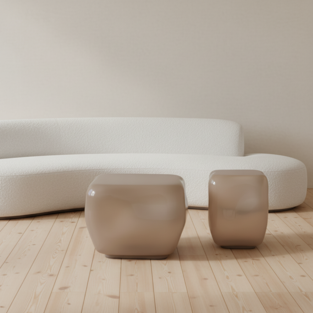 Semi-Transparent Stone Tables with Curved Sofa