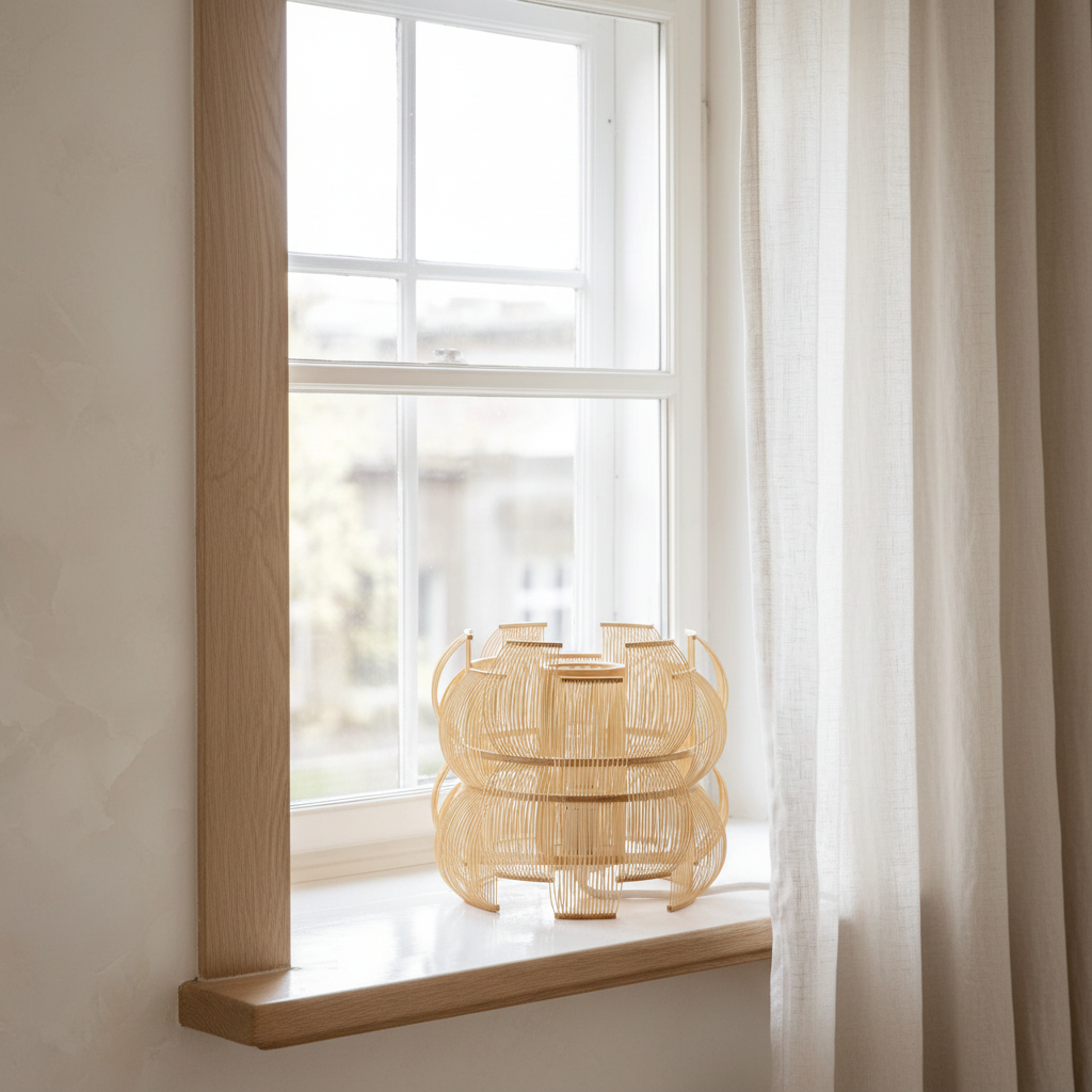 SEN table light on oak window ledge with limewash walls