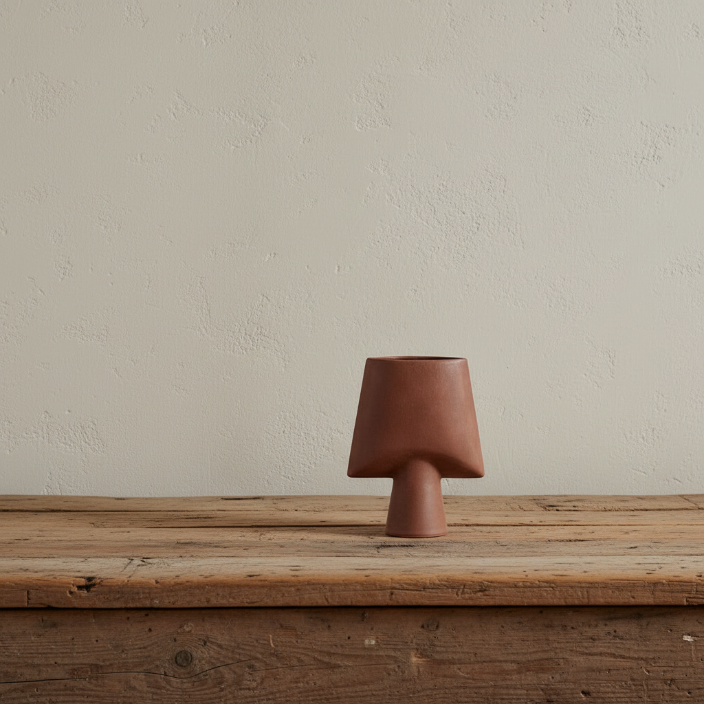 Terracotta vase on barnboard table with cream limewash background
