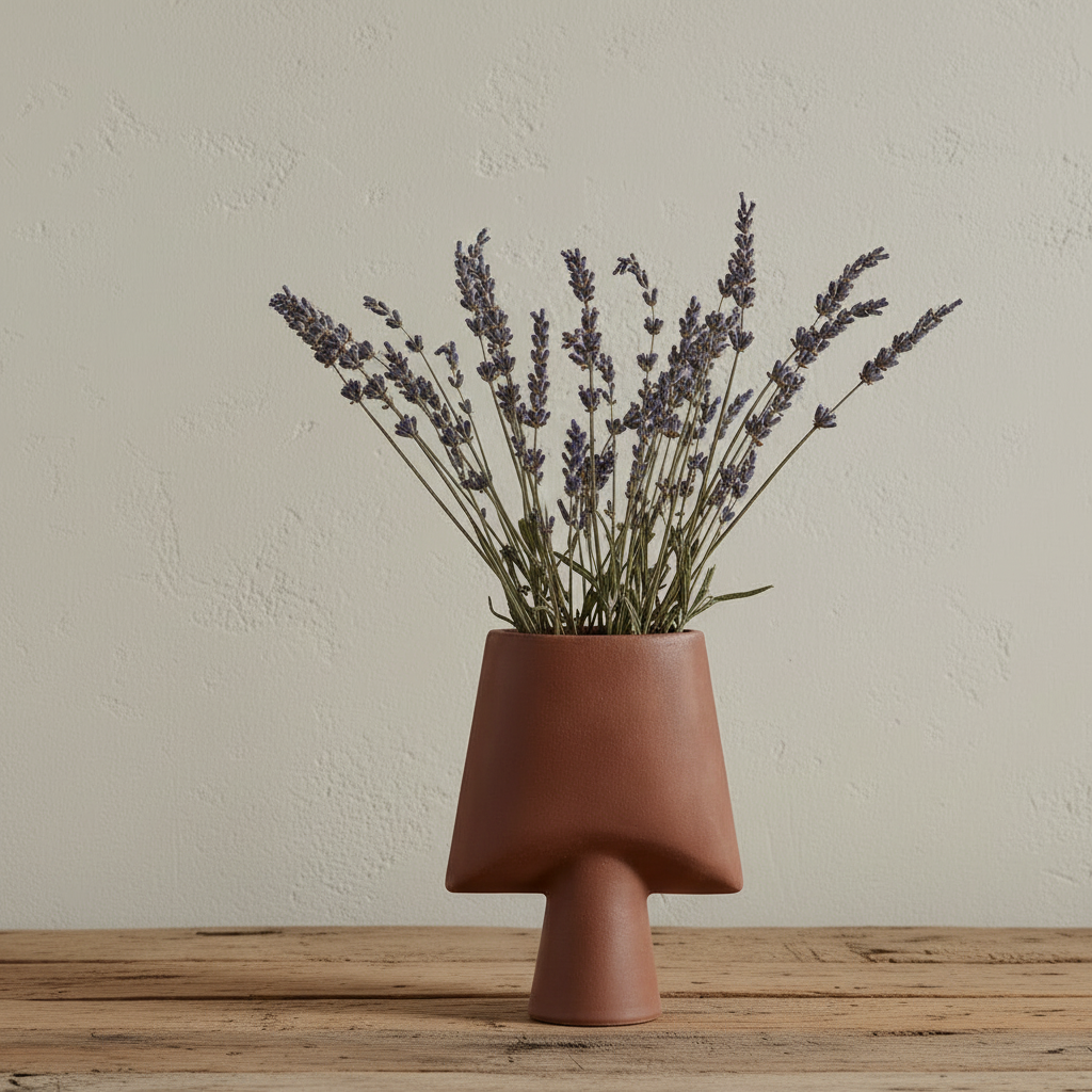 Terracotta vase with dried lavender - close-up