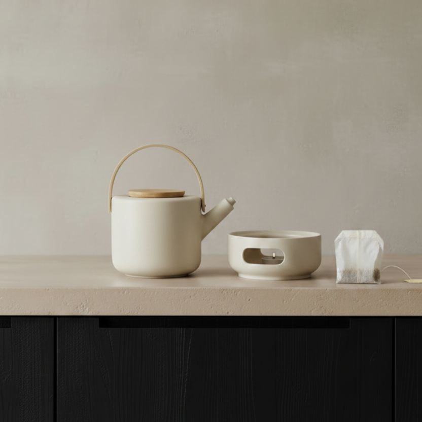 Theo Teapot & Warmer — Zoomed with Tea Bag