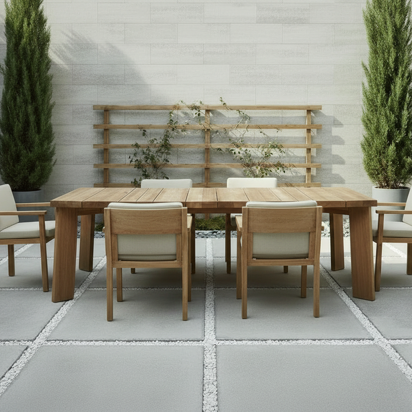 Timme Dining Set with 6 chairs with thick teak backrests