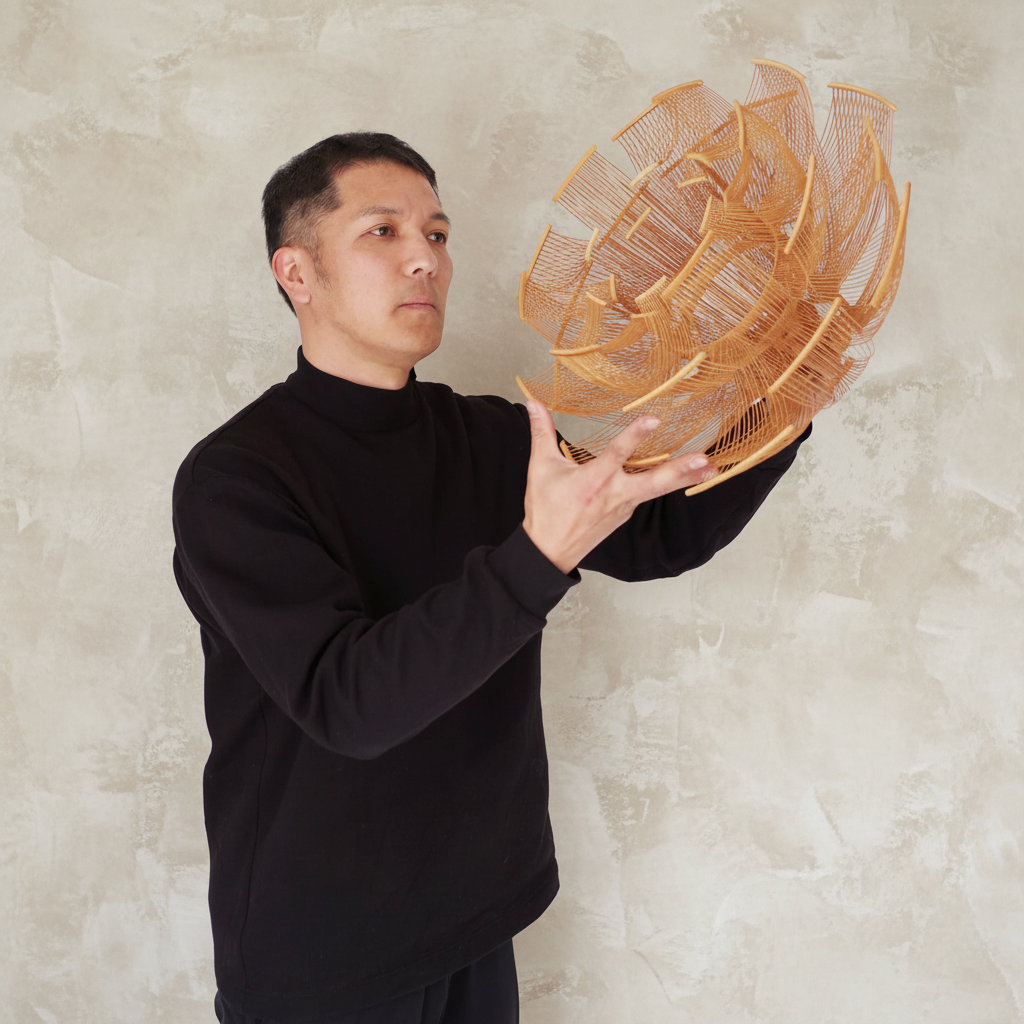 Toshiyuki Tani with HOKORE pendant on limewash backdrop