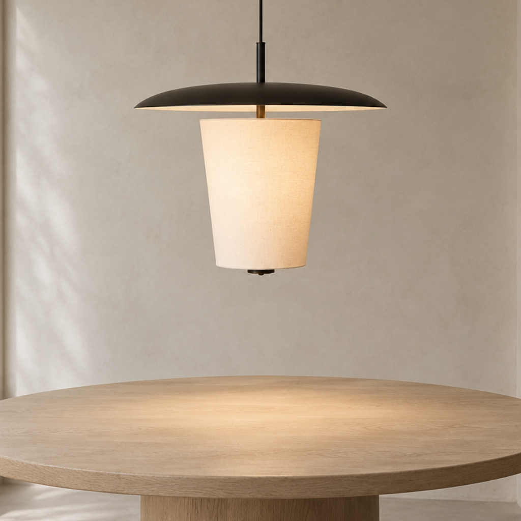 TOTON Pendant 600 Bronze over a round sandy-oak dining table in a cream lime-washed space