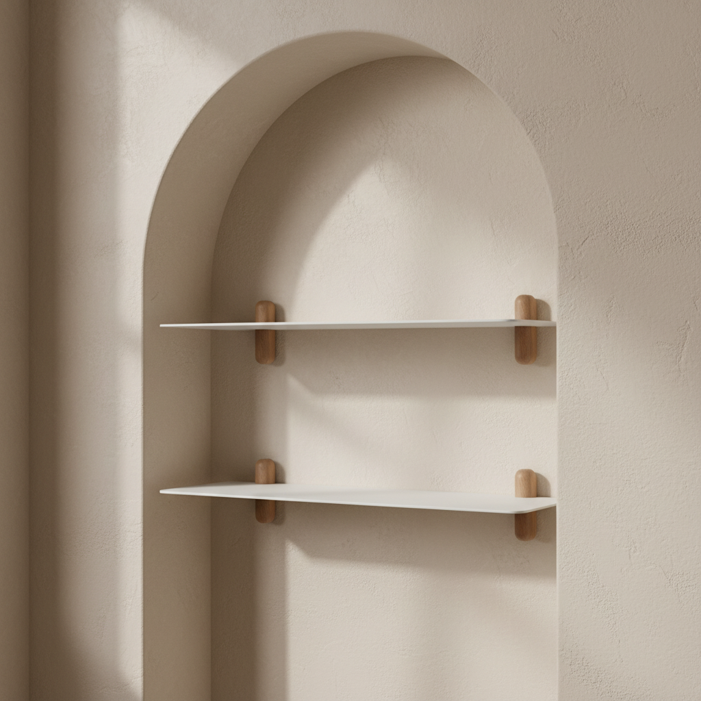 Two Nivo Shelves in Arched Limewashed Niche