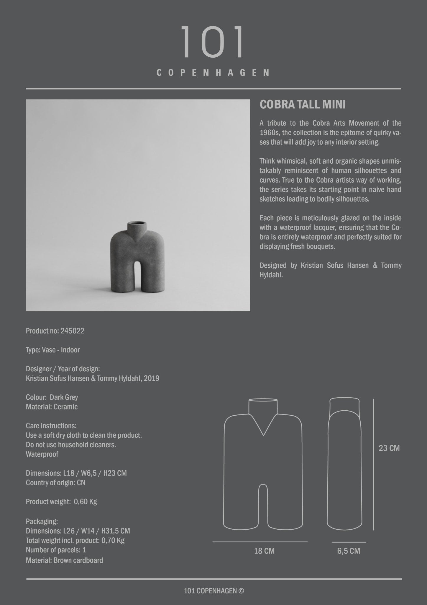 Cobra Vase Tall, Mini - Dark Grey