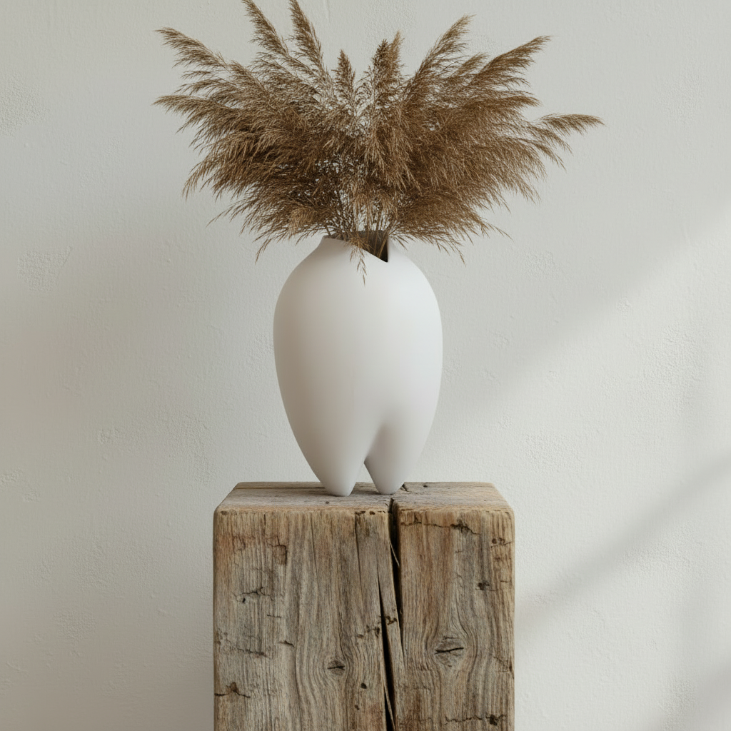 Vase with abundant dried grasses on rustic podium