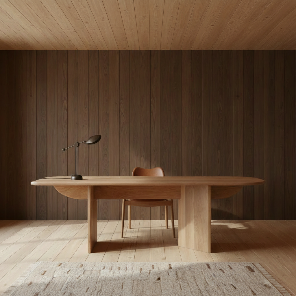 Walnut and Douglas Fir workspace with Pillabout Desk, Stingray Light, Regatta Chair and Luoto rug