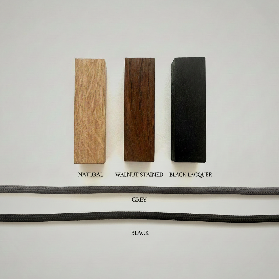 Wood and cord samples with original cords labeled
