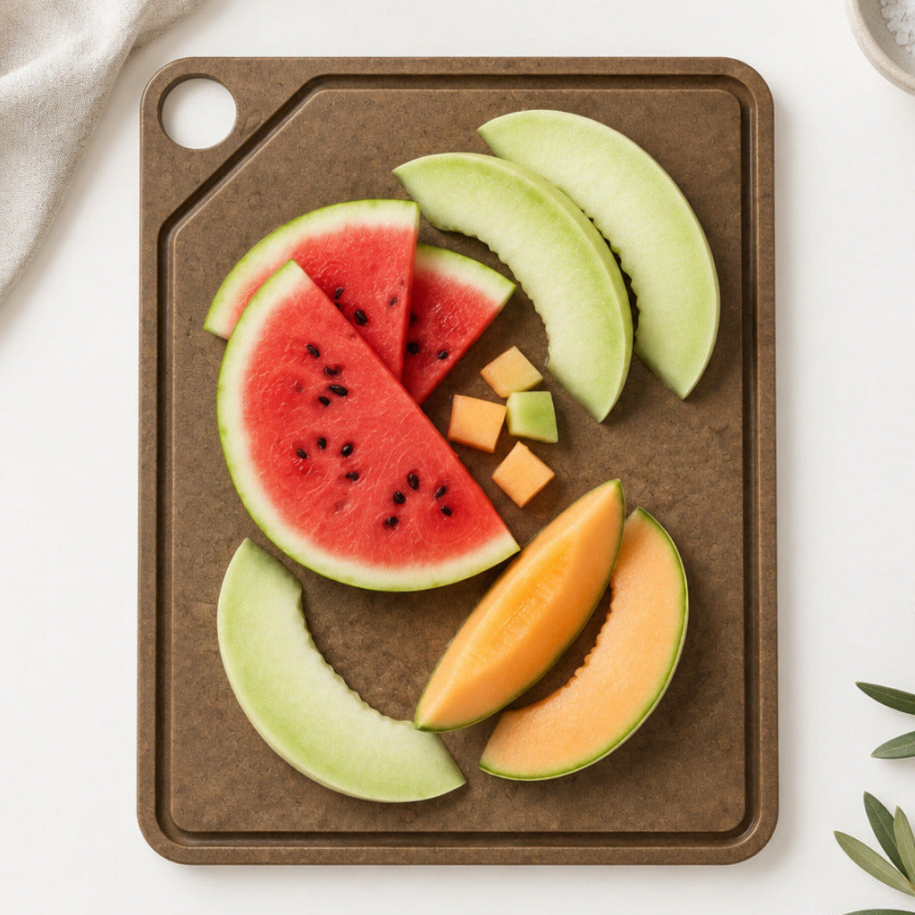 CUT-IT chopping board - large, brown with grooved drip catch edge