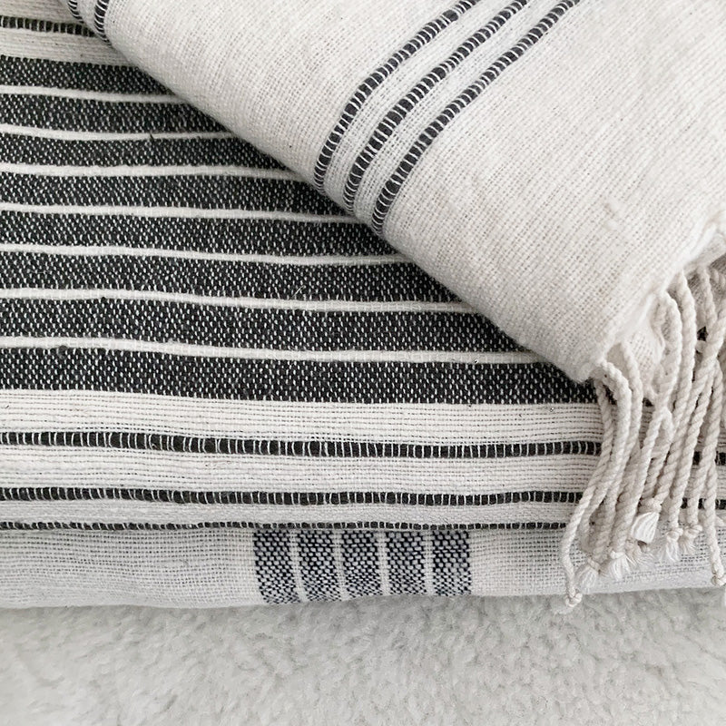 Usva Towel Collection | White with Grey Stripes - Hand Woven