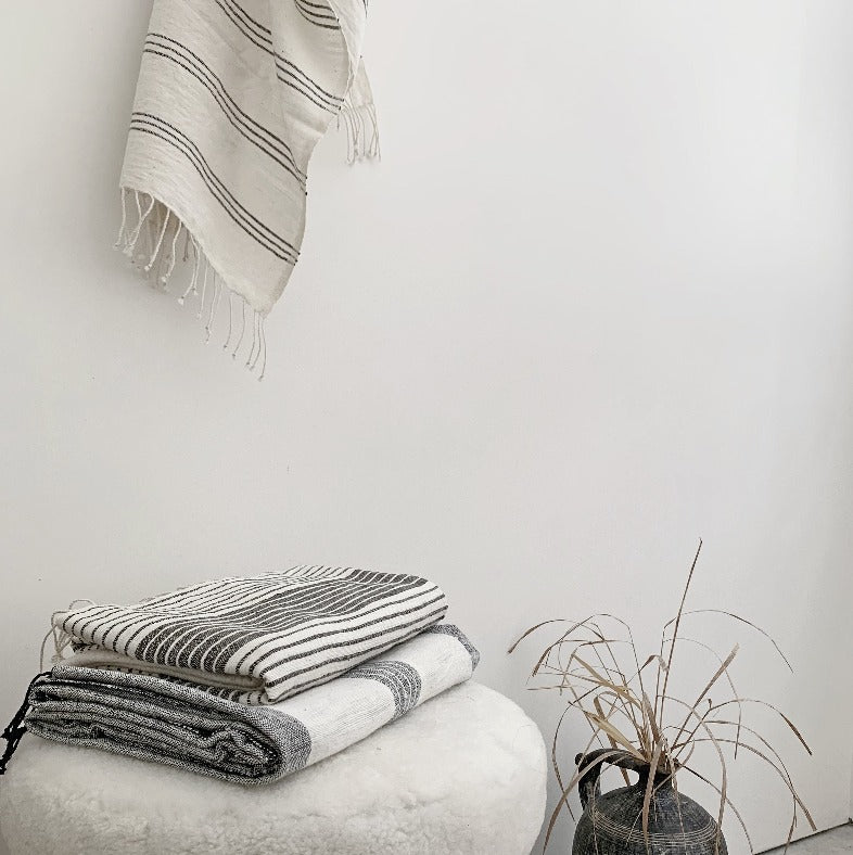 Usva Towel Collection | White with Grey Stripes - Hand Woven